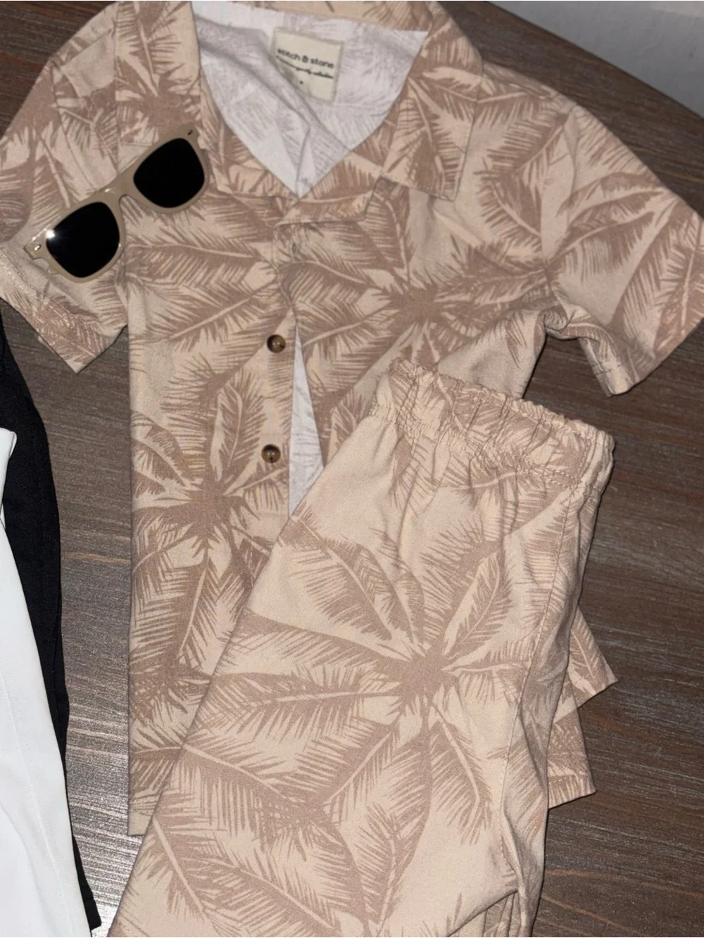 Boys Palm Print Linen-Blend shirt and Pants - Beige
